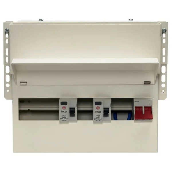 9 Way High Integrity Meter Cabinet Consumer Unit 100A Main Switch, 80A 30mA RCDs, Flexible Configuration